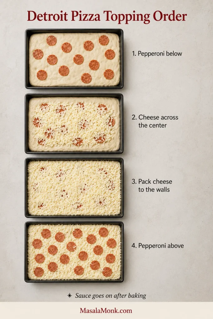 Four-stage Detroit pizza assembly showing pepperoni below the cheese, cheese across the center, cheese packed against the walls, and pepperoni added above.