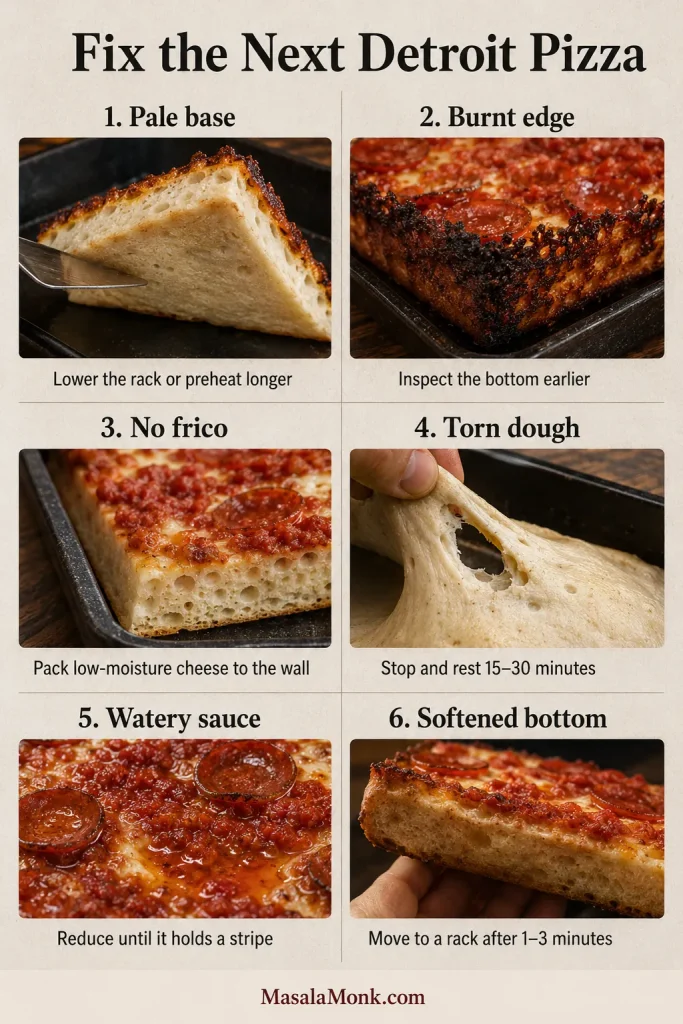 Six Detroit pizza troubleshooting examples showing a pale base, burnt edge, missing cheese crust, torn dough, watery sauce, and a softened bottom.