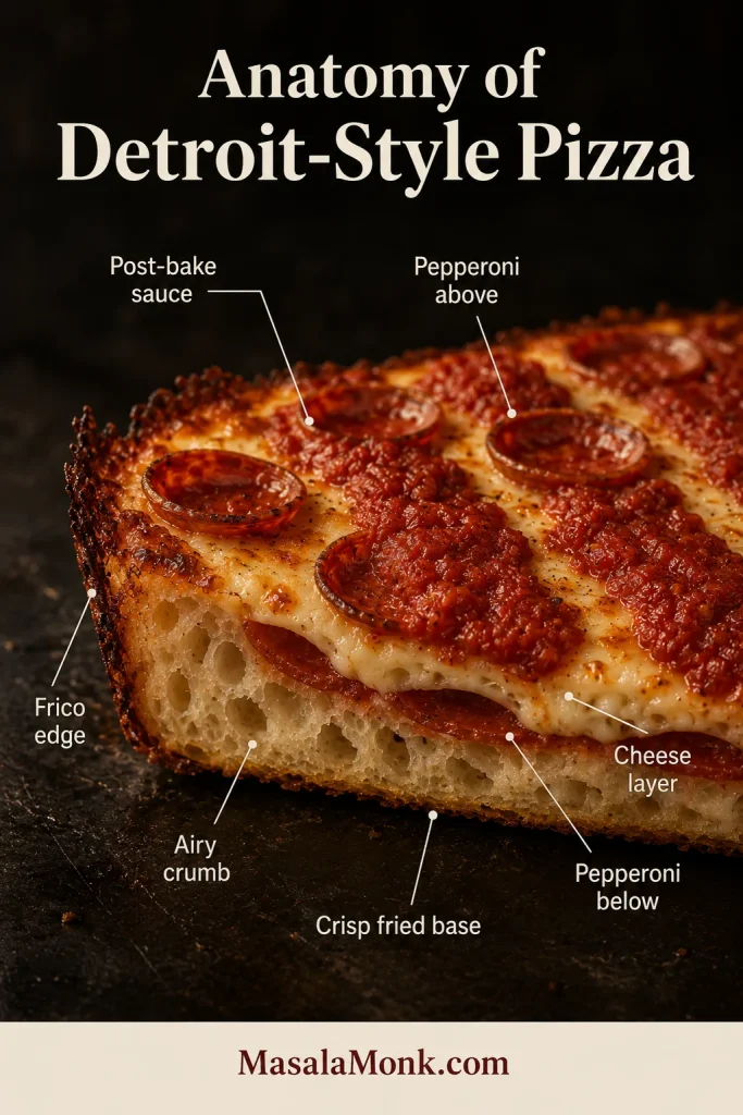 Labeled Detroit-style pizza cross-section showing tomato sauce, pepperoni above and below the cheese, airy crumb, crisp base, and caramelized cheese edge.