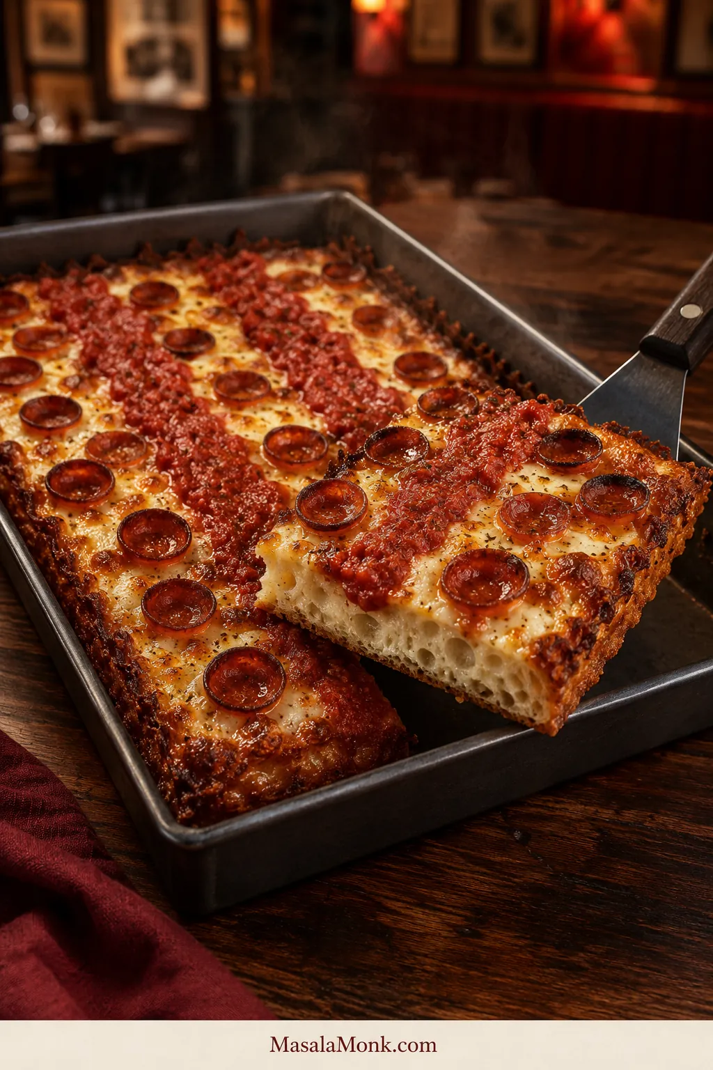 Detroit-style pepperoni pizza in a dark rectangular pan with one corner lifted, showing airy crumb, a golden underside, and caramelized cheese crust.