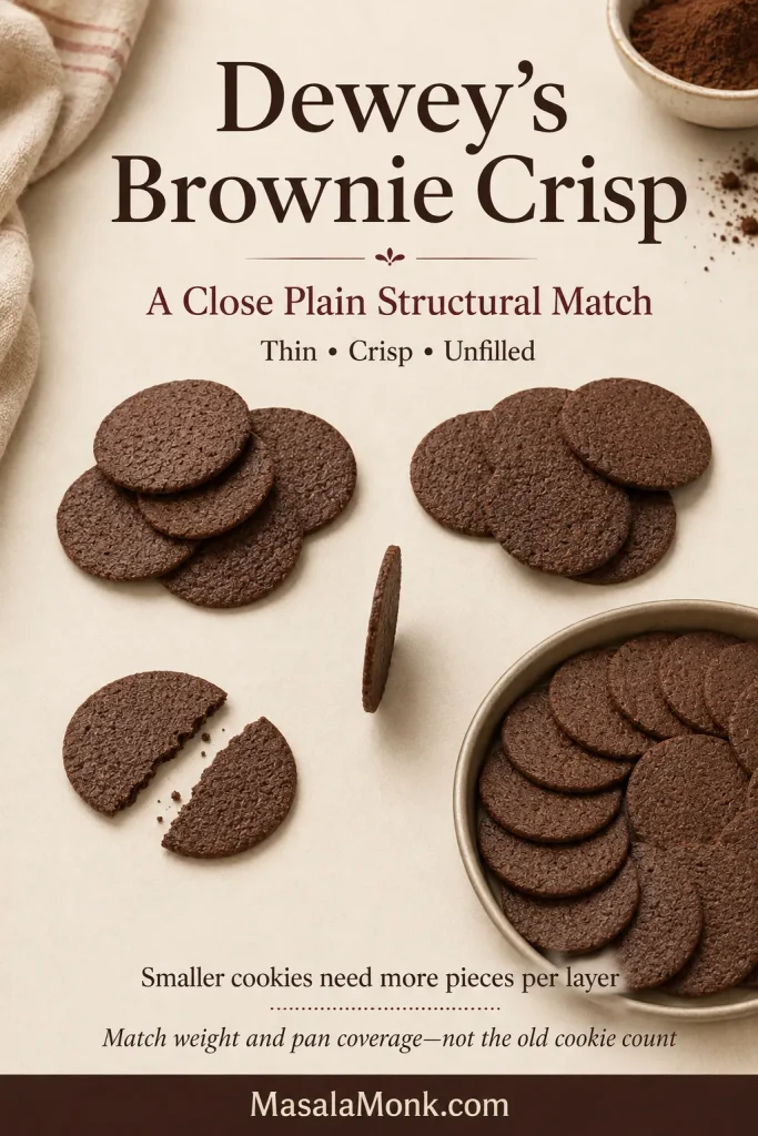 Small thin plain chocolate brownie-crisp cookies arranged in groups, with one standing on edge and another broken open.
