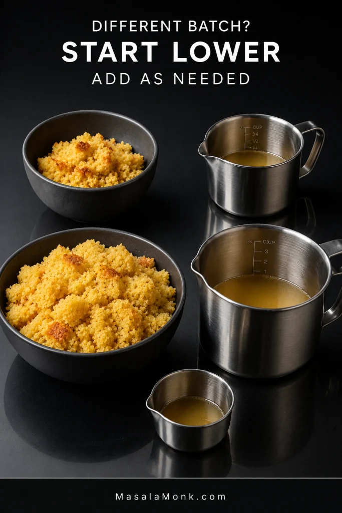 Two bowls with different amounts of crumbled cornbread beside different starting amounts of broth, illustrating starting lower and adding broth as needed.
