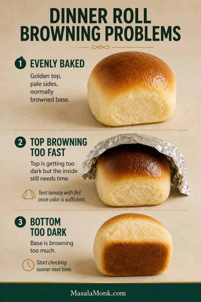 Three browning examples showing an evenly baked roll, a dark top protected with loose foil and a roll with an overly dark bottom.