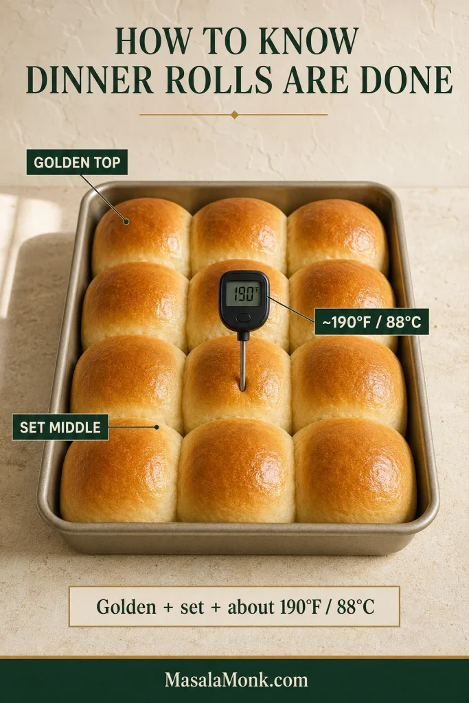 Twelve golden dinner rolls with labels for golden top and set middle, plus an unbranded thermometer in a center roll reading 190 degrees Fahrenheit, about 88 degrees Celsius.