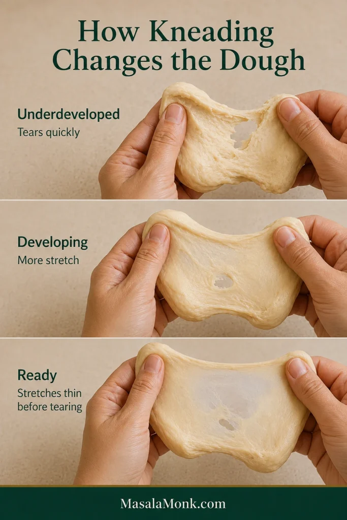 Three-stage kneading comparison showing dough tearing quickly at first, stretching farther as it develops and stretching thin when ready.