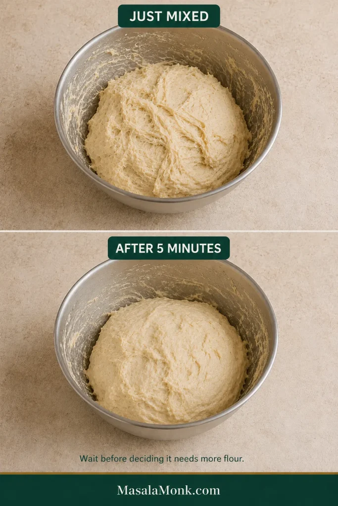 Two-stage comparison of the same dinner roll dough: rough and shaggy when first mixed, then slightly smoother and more cohesive after a five-minute rest.