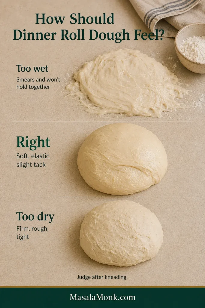 Three dough states labeled Too Wet, Right and Too Dry: wet dough smears and spreads, correct dough is soft and cohesive, and dry dough looks firm and tight.