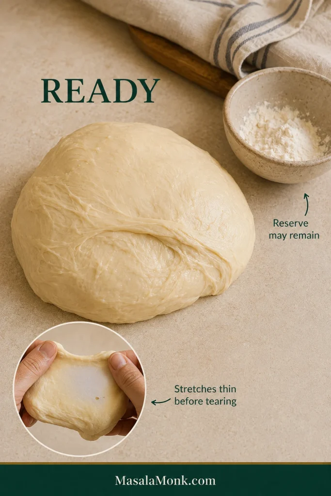 Smooth kneaded dinner roll dough beside unused reserve flour, with a small piece of dough stretched thin between fingers before tearing.