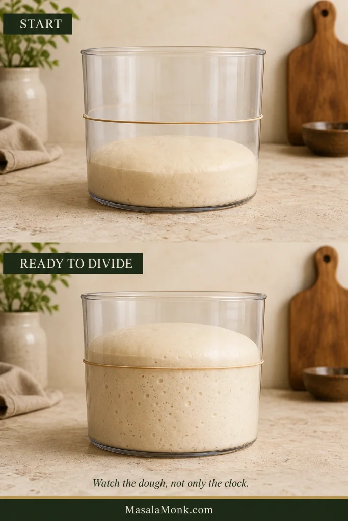 Dinner roll dough in the same clear container before rising and after it has roughly doubled and become lighter and more aerated.
