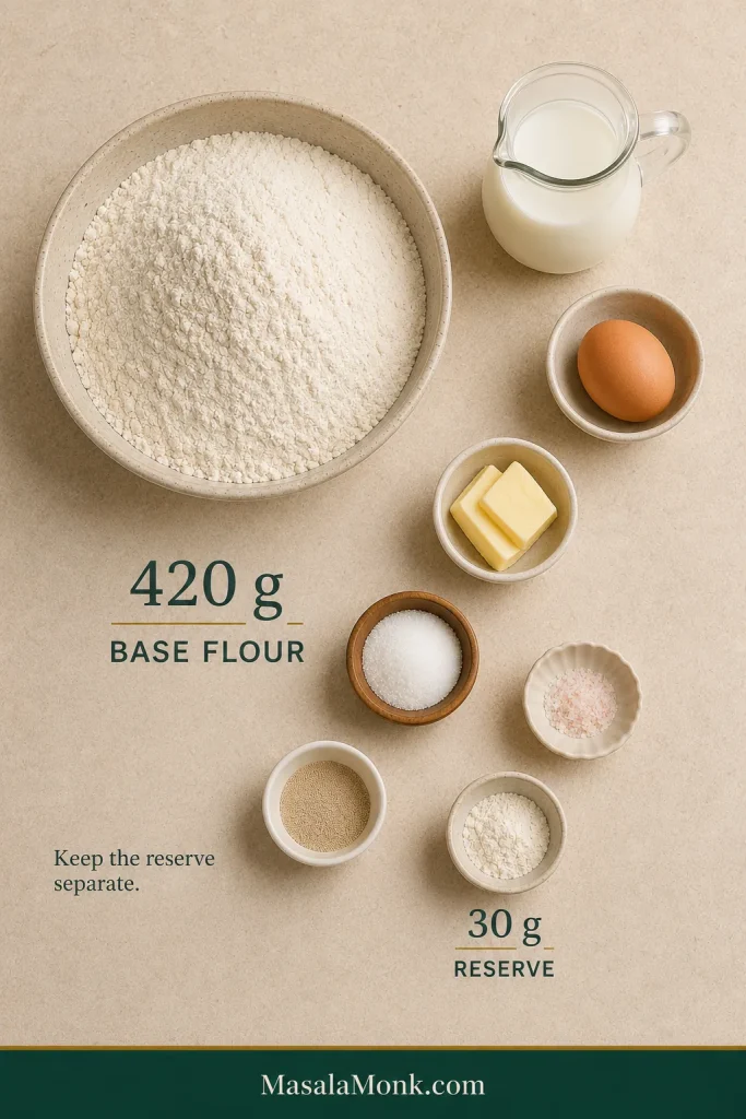 Overhead ingredient setup with 420 grams of base flour in a large bowl and 30 grams of reserve flour in a smaller bowl, with milk, egg, butter, sugar, yeast and salt nearby.