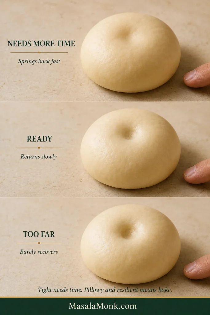 Three proofed dough rounds after a shallow finger poke: one nearly springs back, one keeps a slight dent and one retains a deeper indentation.