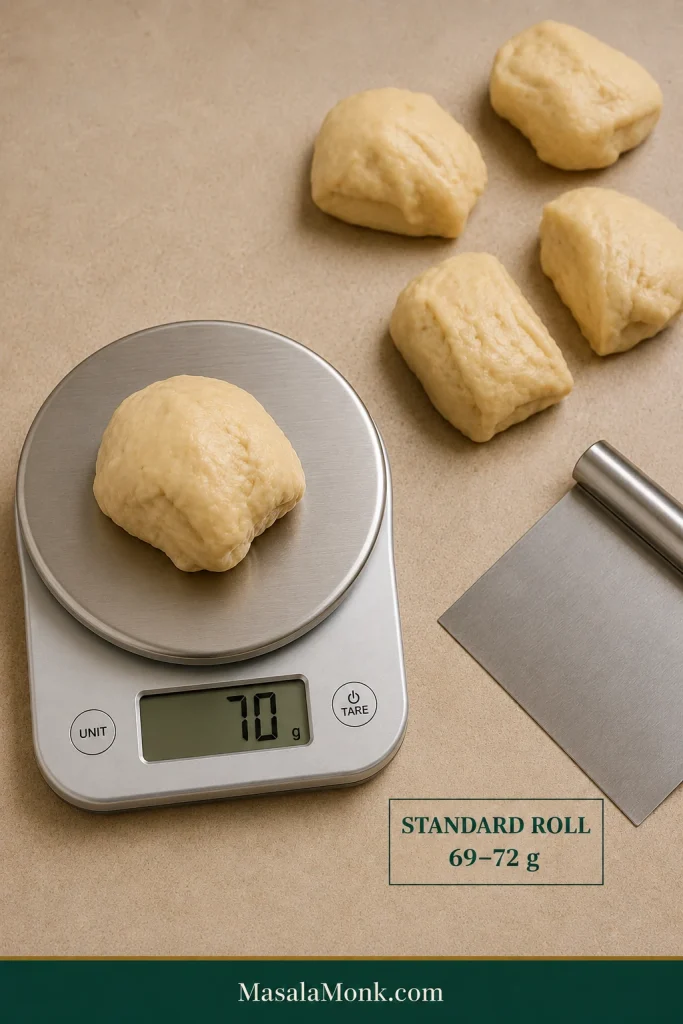 Digital kitchen scale showing a roughly 70-gram piece of dinner roll dough beside a bench scraper and several divided portions.