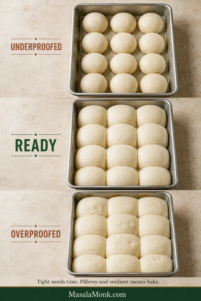 Three-pan comparison of twelve dinner rolls: underproofed with clear gaps, ready when fuller and touching, and overproofed when slack and more flattened.