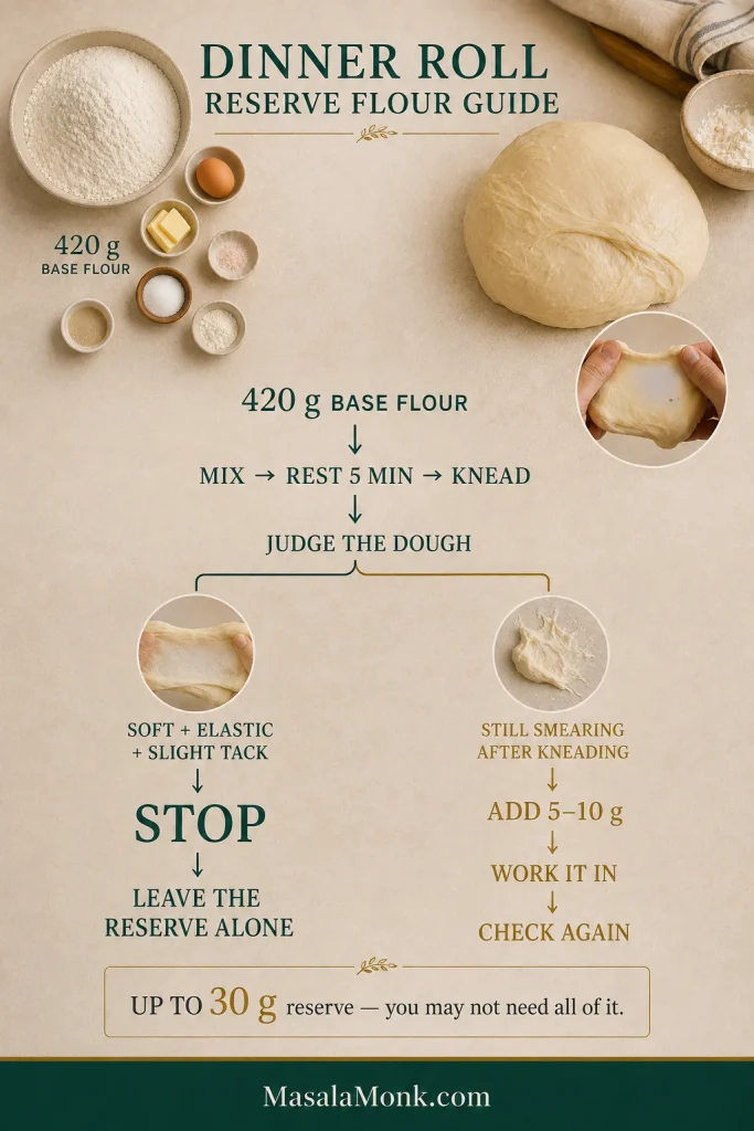 Decision guide showing base flour followed by mixing, resting and kneading, with small additions of reserve flour only if the dough still smears.