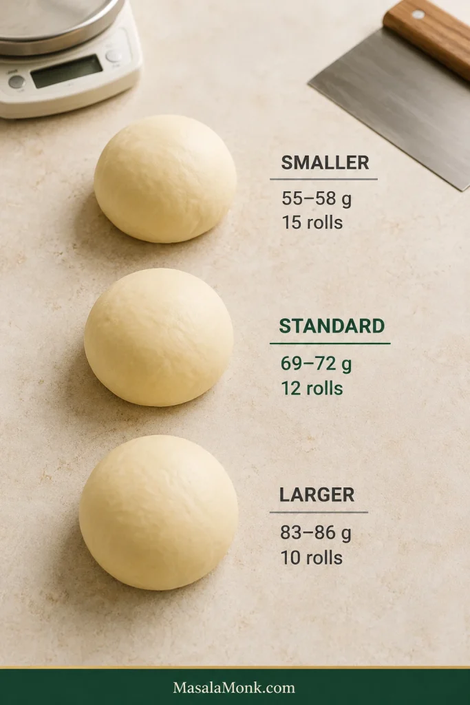 Three shaped raw dinner roll portions with subtle size differences: smaller 55 to 58 grams, standard 69 to 72 grams and larger 83 to 86 grams.