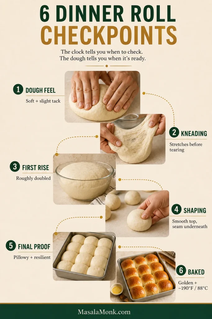 Six-step guide showing soft dough, developed stretch, a doubled first rise, smooth shaping, pillowy final proof and golden baked dinner rolls.