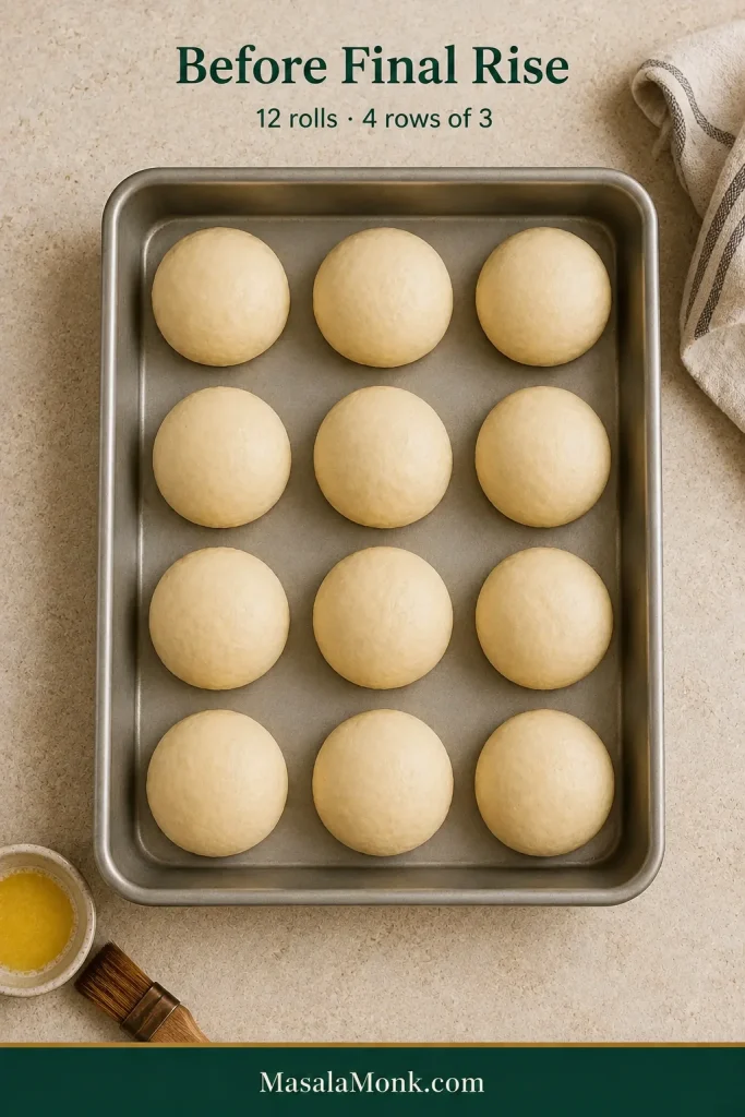 Twelve shaped raw dinner rolls arranged in four rows of three in a rectangular pan, with visible gaps before the final rise.