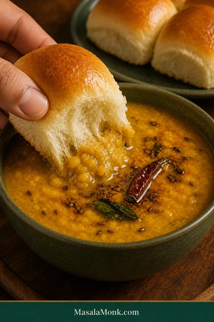 A hand dipping a torn golden dinner roll into yellow dal tadka topped with cumin, curry leaf and a dried red chile.