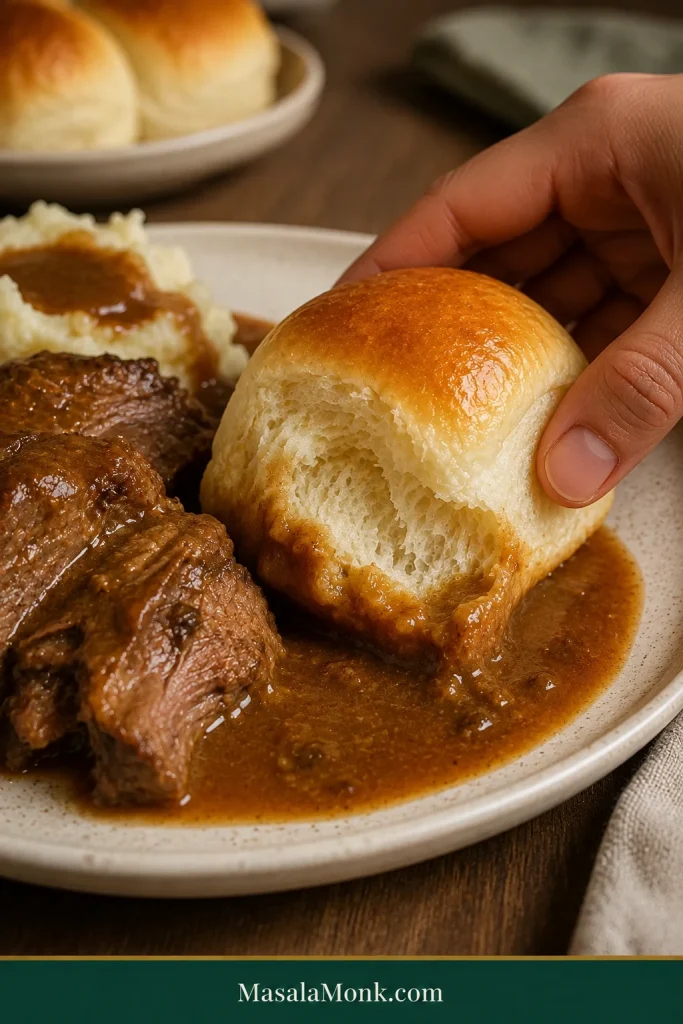A torn golden dinner roll being dipped into brown gravy beside roast beef and mashed potatoes on a dinner plate.