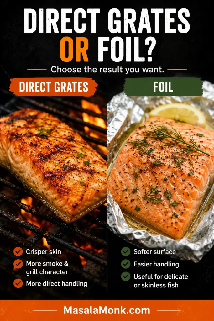Comparison of grilled salmon cooked directly on grill grates with a browned crisp exterior and salmon cooked on foil with a softer surface.
