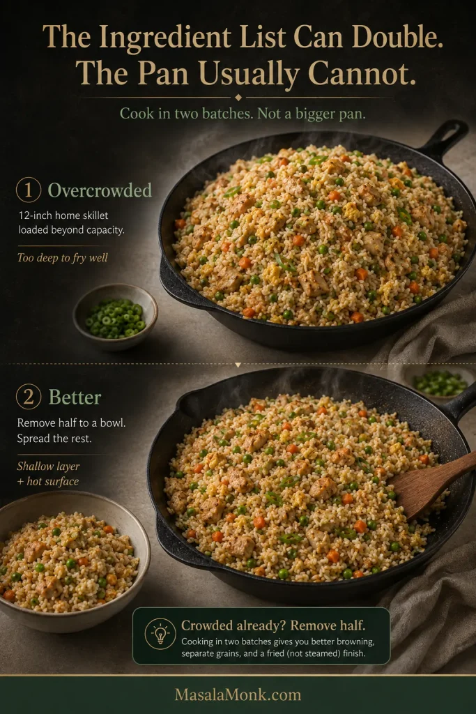 Comparison showing a deeply overcrowded skillet of chicken fried rice and a second setup where half has been removed so the remaining rice forms a shallow layer over more hot surface.