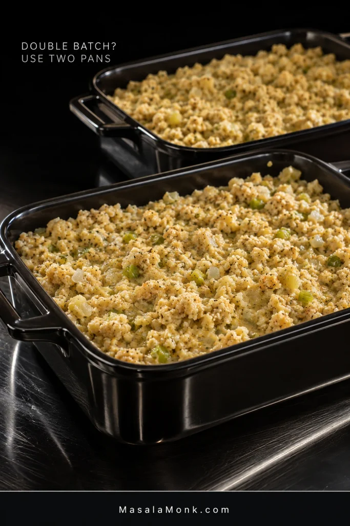 Two dark baking dishes filled with moist unbaked cornbread dressing, illustrating the use of two pans for a double batch.