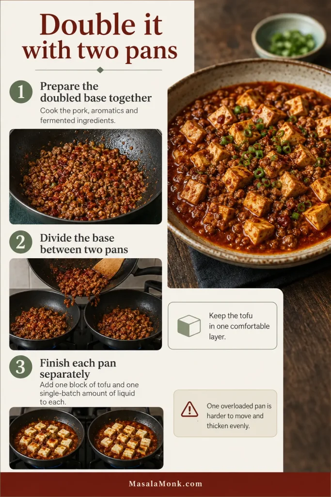 Three-step guide showing one cooked pork and fermented-chilli base, the base divided between two pans and each pan finished separately with tofu in one layer.