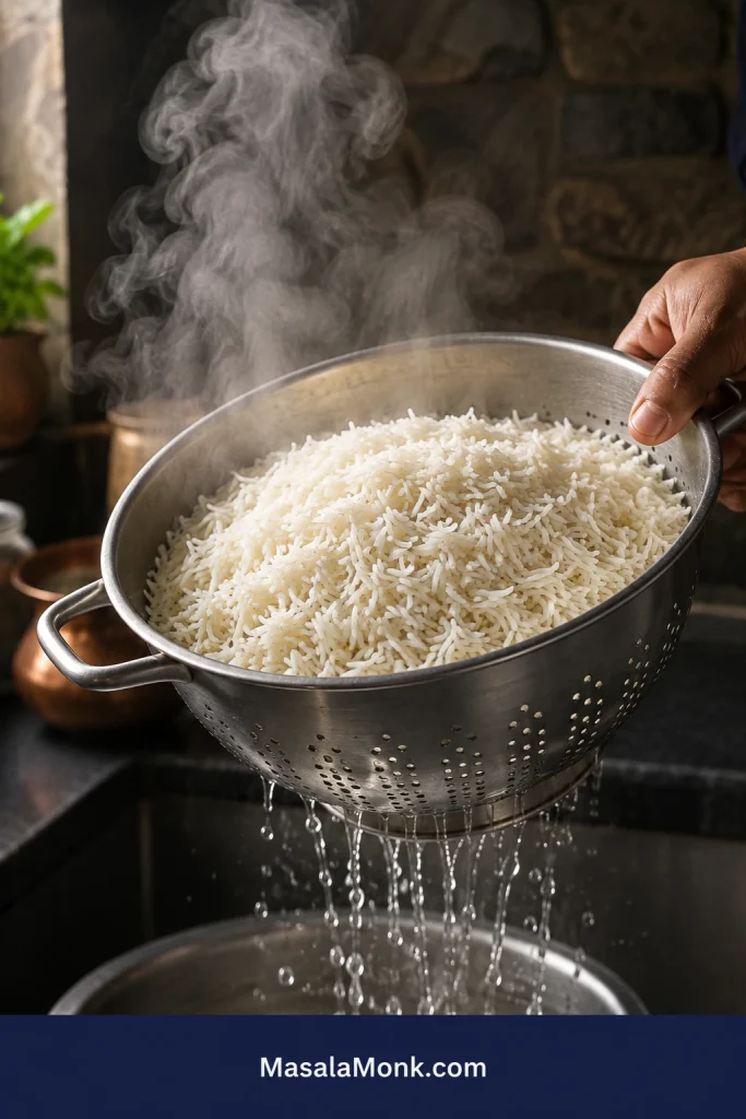 Freshly parboiled basmati draining uncovered in a stainless-steel colander as steam rises and water escapes below.