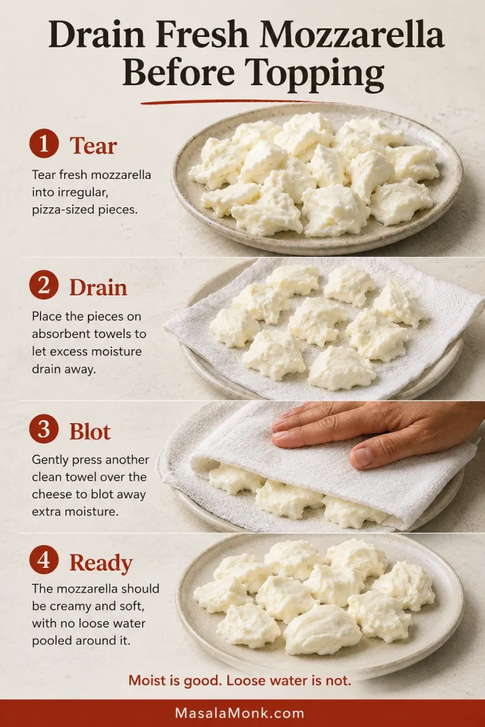 Four-step sequence showing fresh mozzarella torn into pieces, drained on towels, blotted and ready to use without visible pooled water.