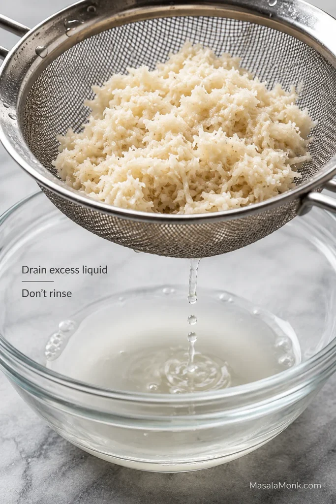 Prepared horseradish in a fine-mesh sieve with excess clear liquid draining into a glass container below.