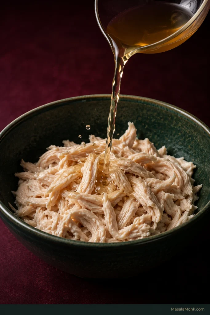 Thin amber fish-sauce and lime dressing being poured over moist hand-shredded chicken in a dark green bowl before any vegetables are added.