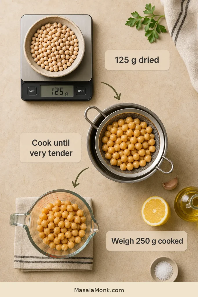 Three labeled stages showing 125 grams of dried chickpeas, tender cooked chickpeas and 250 grams of weighed cooked chickpeas.