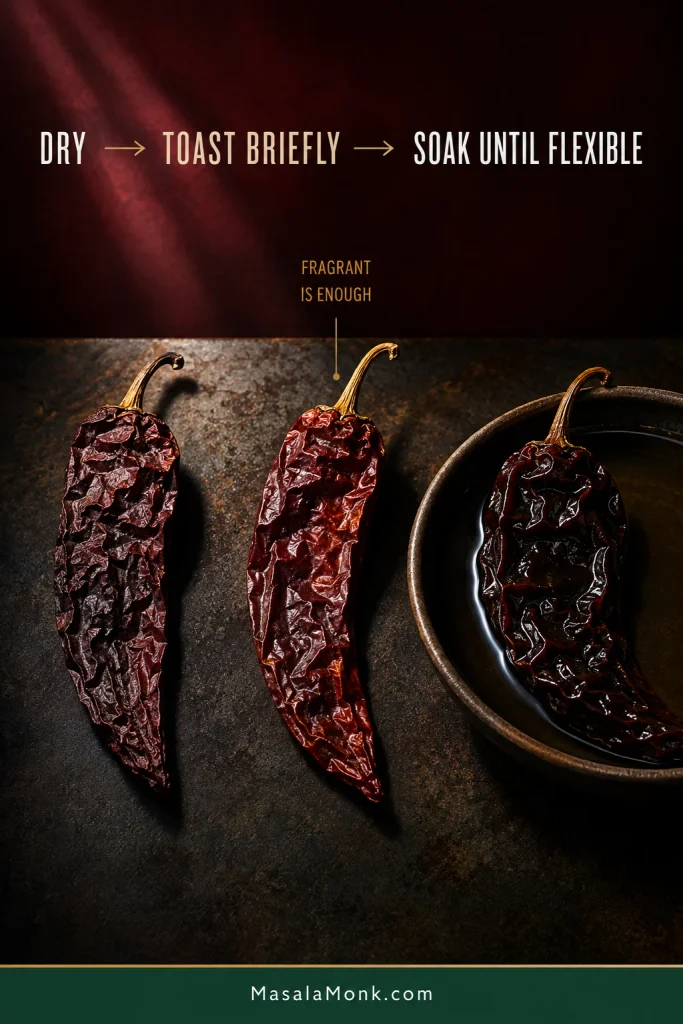 Dried chile shown in three stages: dry, briefly toasted without burning, and softened after soaking until flexible.