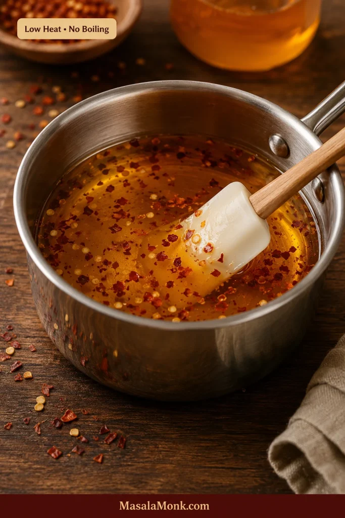Clear amber honey with dried red chilli flakes warming gently in a small stainless saucepan with a calm, unbubbled surface.
