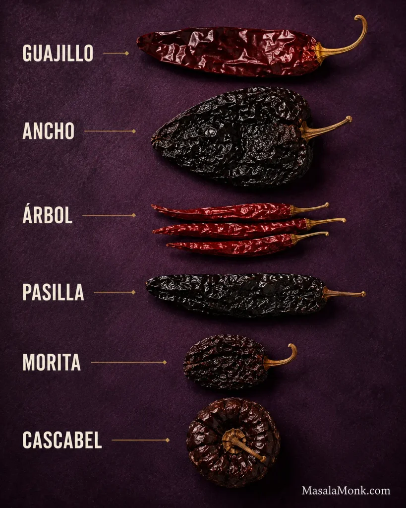 Six dried Mexican chiles arranged vertically on a plum background and labeled Guajillo, Ancho, Árbol, Pasilla, Morita, and Cascabel, showing their different sizes, shapes, and colors.