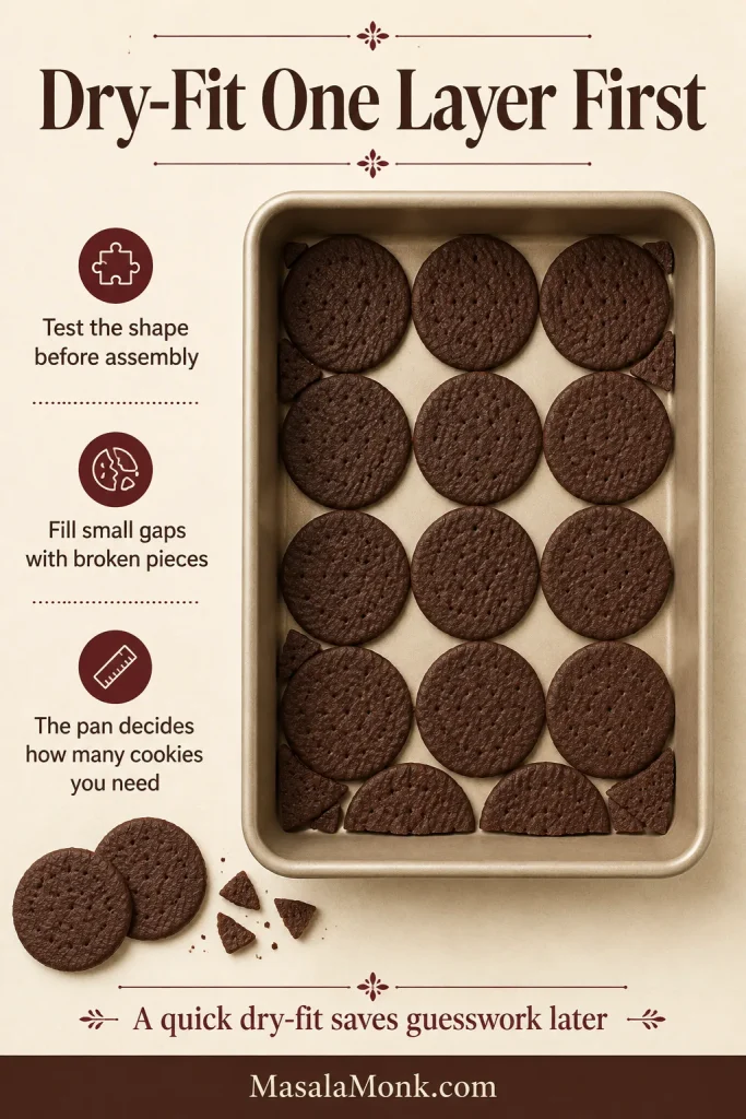 Overhead view of a rectangular pan containing one dry layer of round chocolate wafers with broken pieces filling the edge gaps.