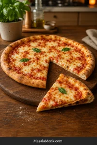 Homemade cheese pizza on a dark wooden board with a golden crust, browned cheese and a cut slice revealing a medium-thick center and chewy rim.