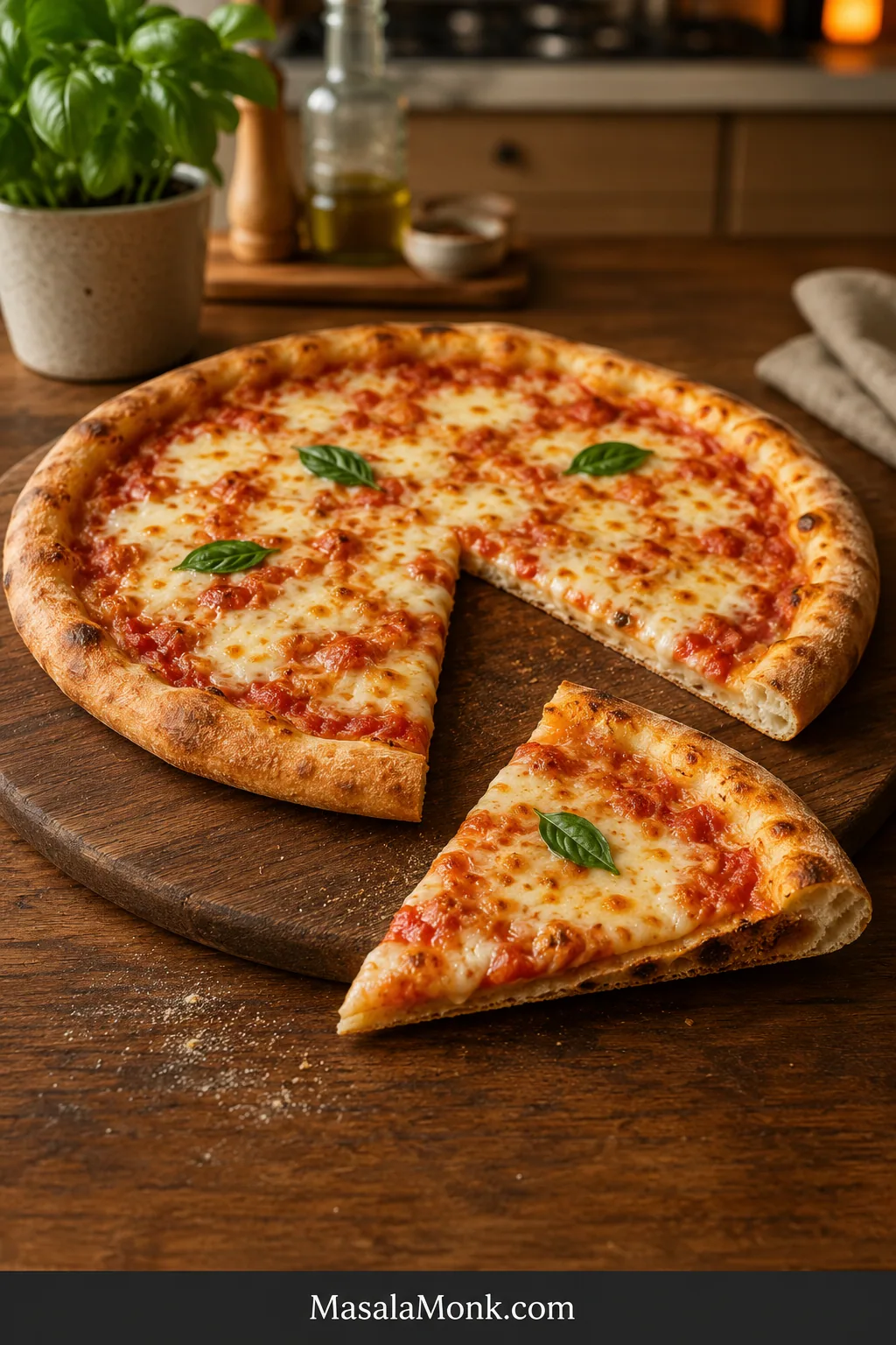 Homemade cheese pizza on a dark wooden board with a golden crust, browned cheese and a cut slice revealing a medium-thick center and chewy rim.