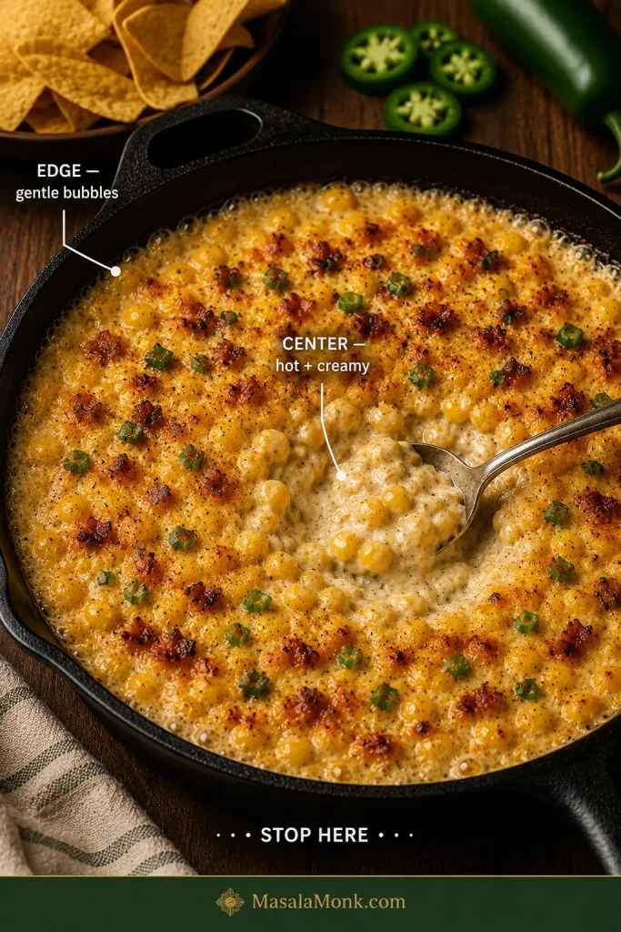 Baked corn dip in a cast-iron skillet with callouts identifying gentle bubbles at the edge and a spoon-revealed hot creamy center, plus a Stop here instruction.