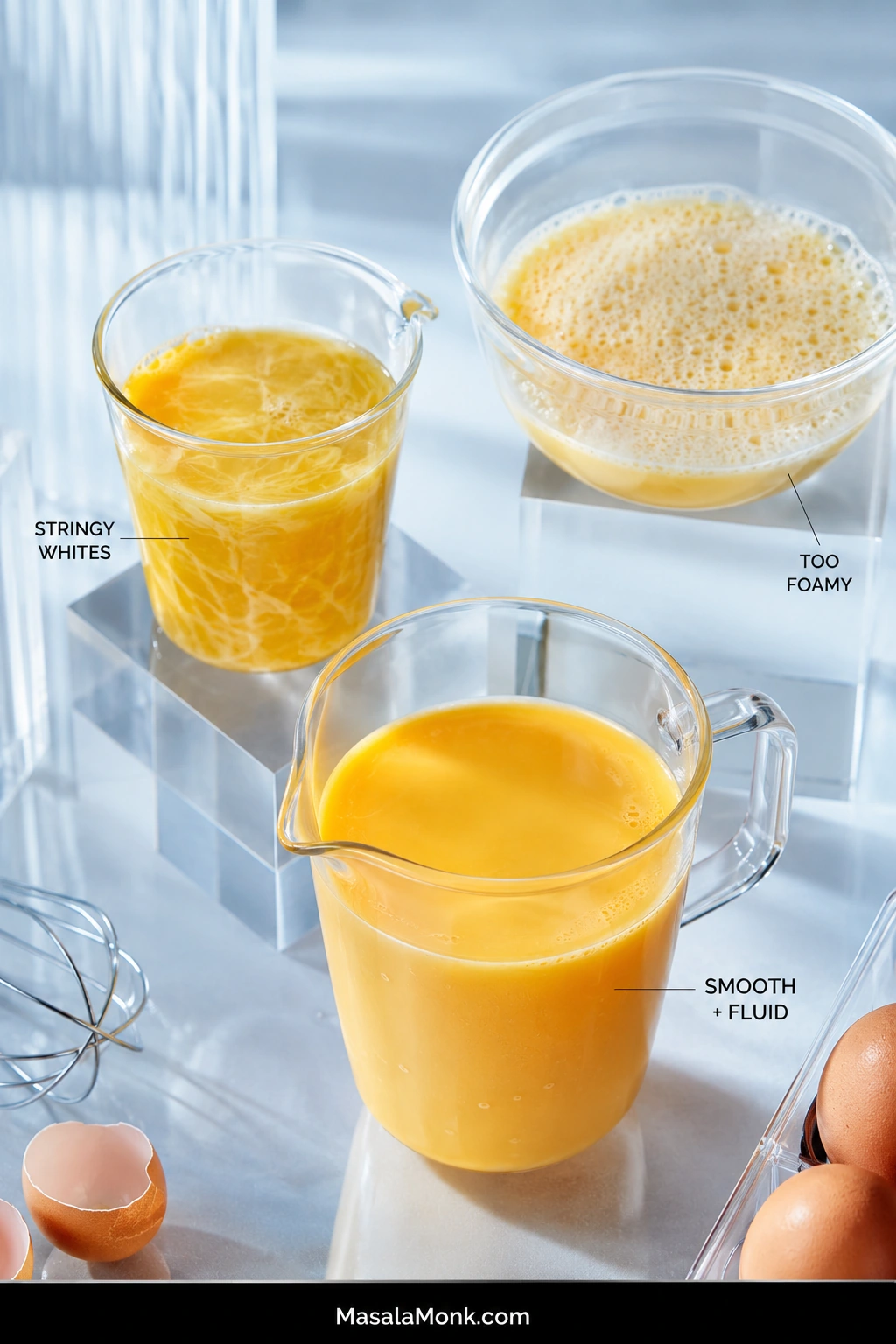 Three clear vessels compare beaten eggs with stringy whites, excessive foam, and a smooth fluid mixture ready for making egg ribbons.