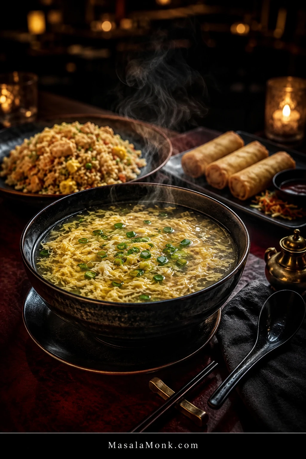 Steaming bowl of egg drop soup in the foreground with chicken fried rice and three crisp spring rolls on a dark red restaurant table behind it.