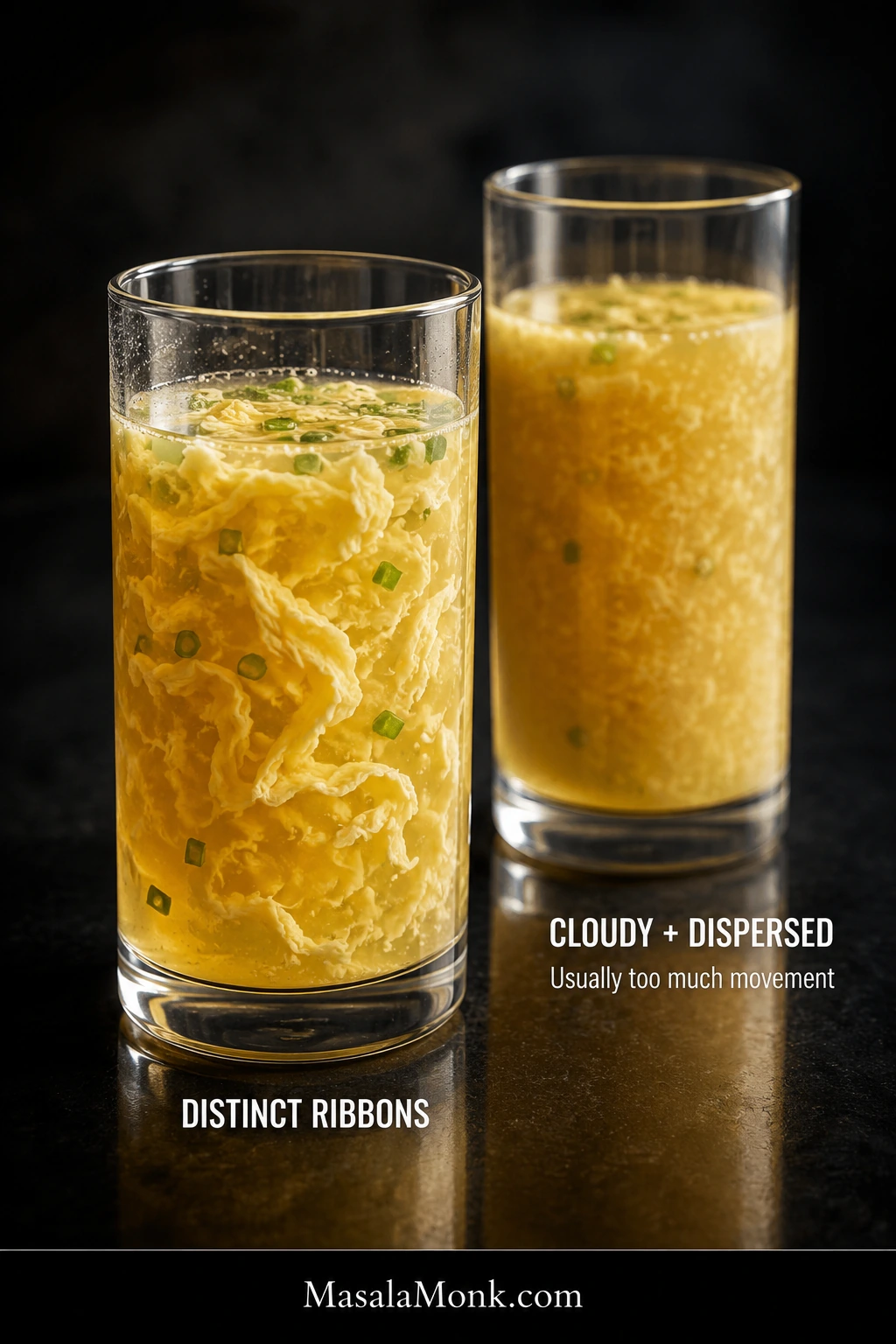Two tall clear glasses compare golden broth with distinct egg ribbons against cloudier broth containing finely dispersed egg particles.