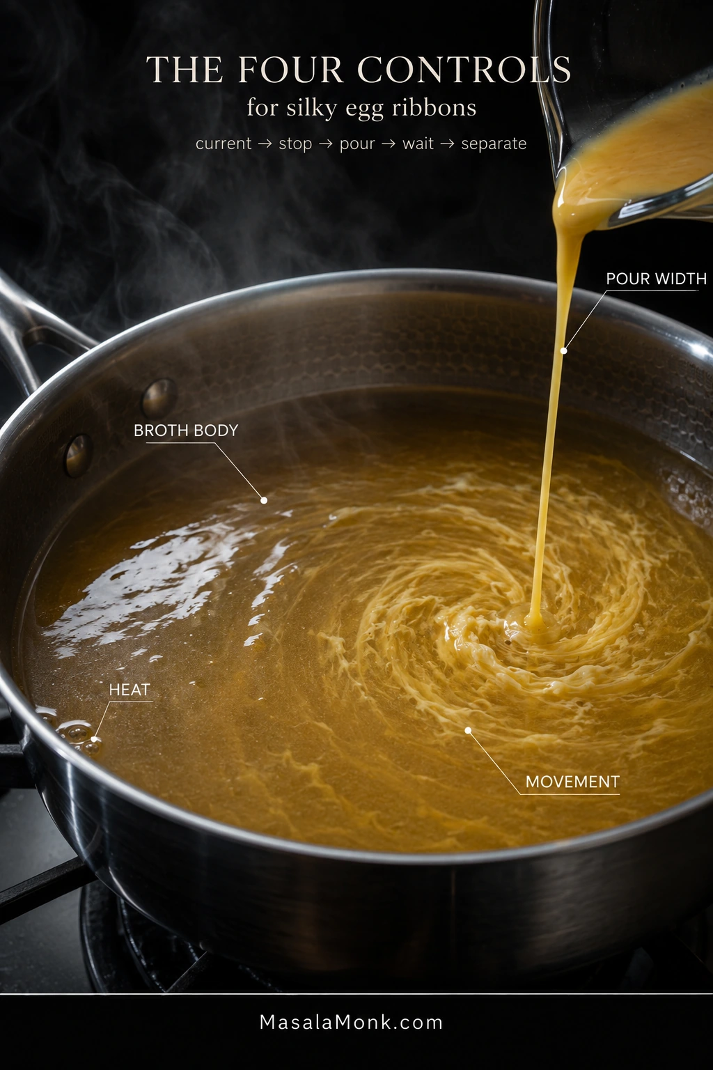 Saucepan of golden broth during an egg pour with labels pointing to broth body, gentle heat, thin pour width, and the circular movement of the liquid.