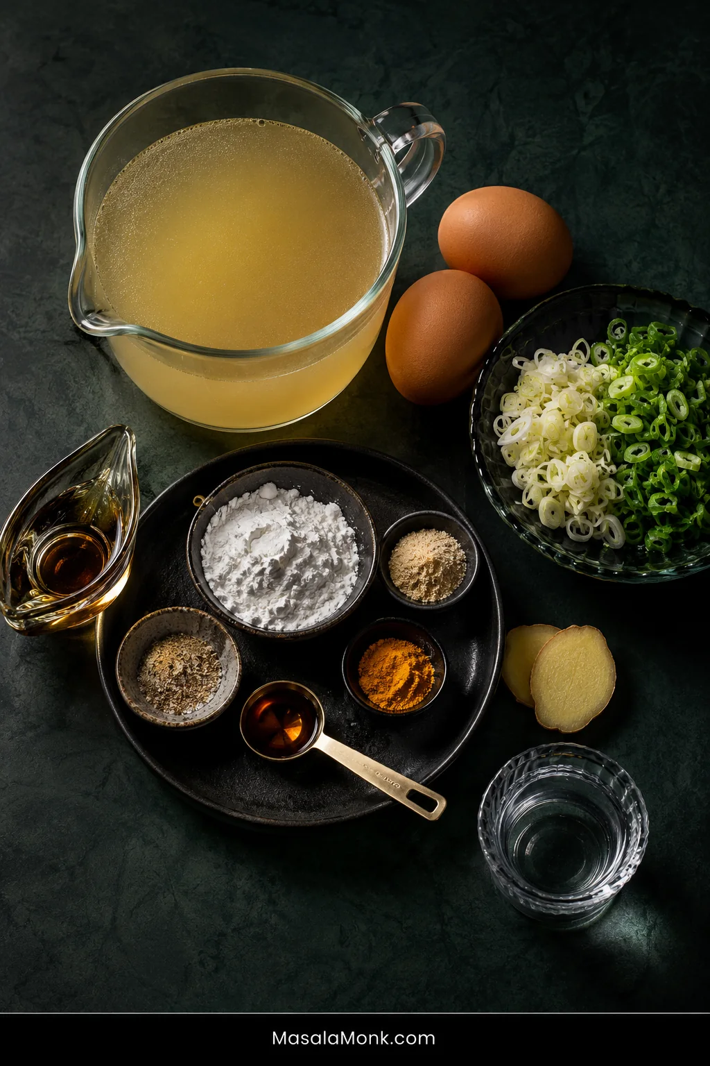 Overhead arrangement of chicken broth, two eggs, sliced scallions, ginger, cornstarch, white pepper, turmeric, sesame oil, salt, chicken powder, and water on a dark green surface.