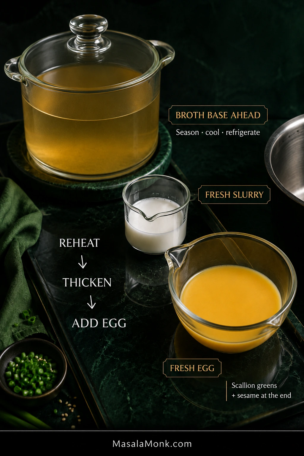 Clear container of seasoned golden broth beside fresh cornstarch slurry and smooth beaten egg, labeled to reheat the broth, thicken it, then add the egg.