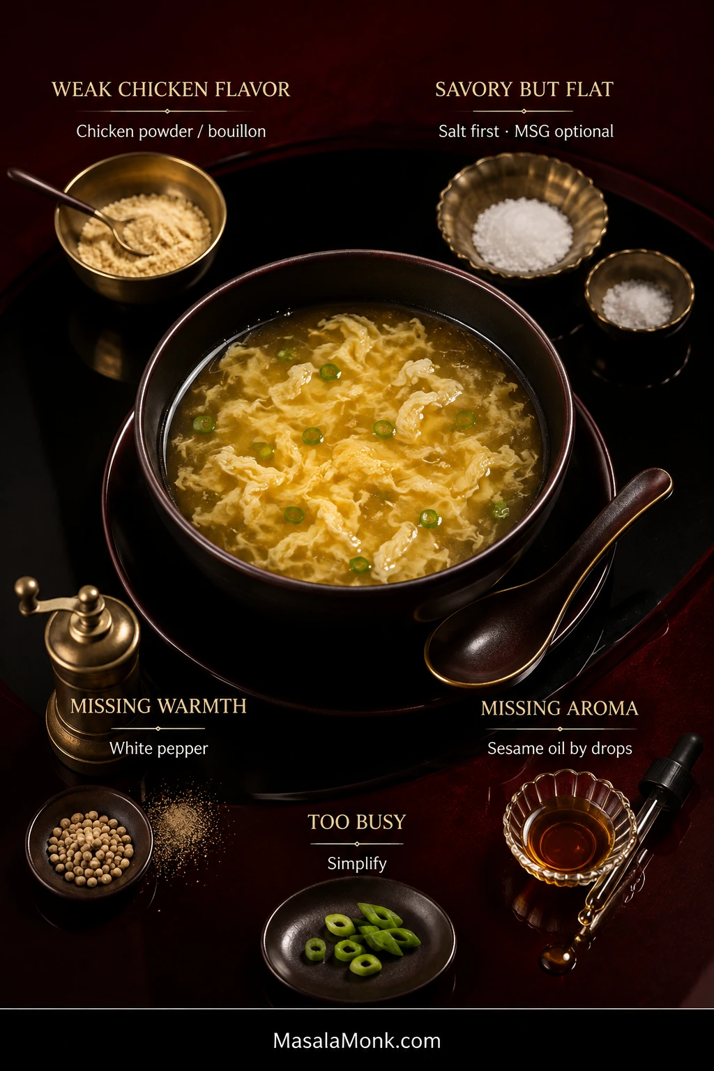 Dark red and black restaurant-style still life with egg drop soup surrounded by chicken powder, salt, white pepper, and sesame oil, with labels explaining five flavor adjustments.