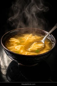 Steaming black bowl of golden egg drop soup with broad pale-yellow egg ribbons, sliced scallions, and a metal soup spoon on a dark reflective table.