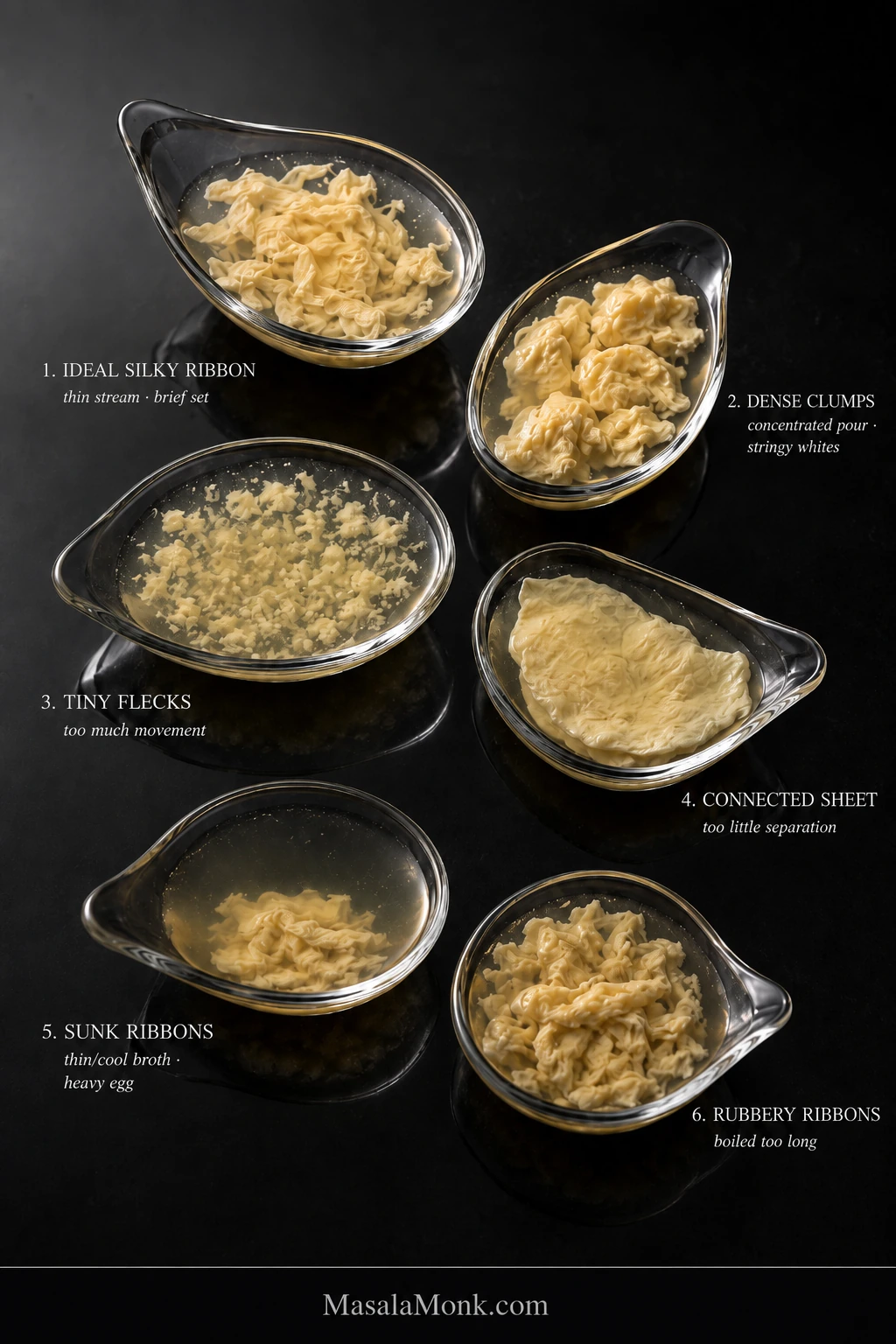 Six clear tasting dishes show ideal silky egg ribbons, dense clumps, tiny flecks, a connected egg sheet, sunk ribbons, and firmer rubbery ribbons with brief cause labels.