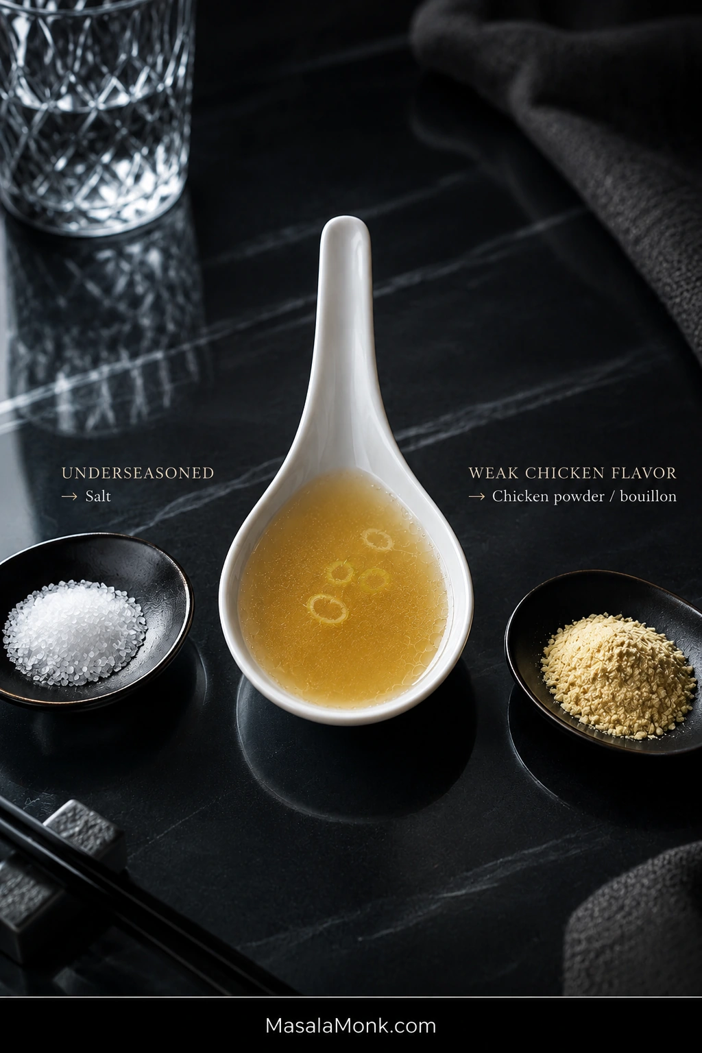 Golden broth in a white tasting spoon between a dish of salt and a dish of chicken powder, labeled for underseasoned broth versus weak chicken flavor.