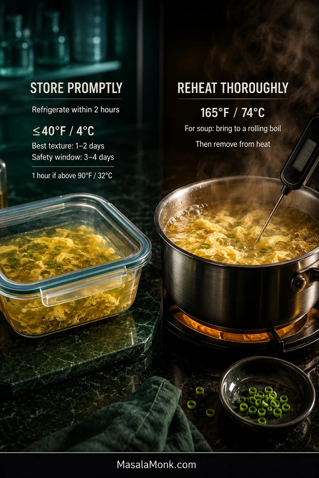 Covered shallow glass container of cooled egg drop soup beside a steaming saucepan being reheated, with storage temperatures, refrigeration timing, and 165°F or 74°C reheating guidance.